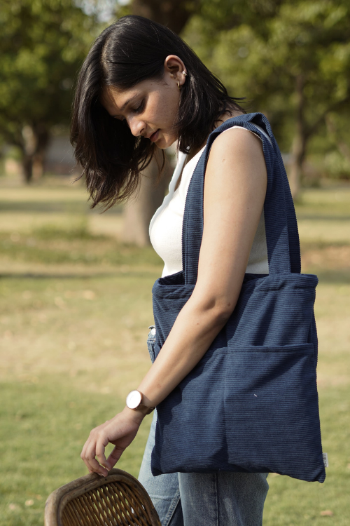 Ekatra Minimalist Corduroy Day Tote - Vincent Blue – Okhaistore
