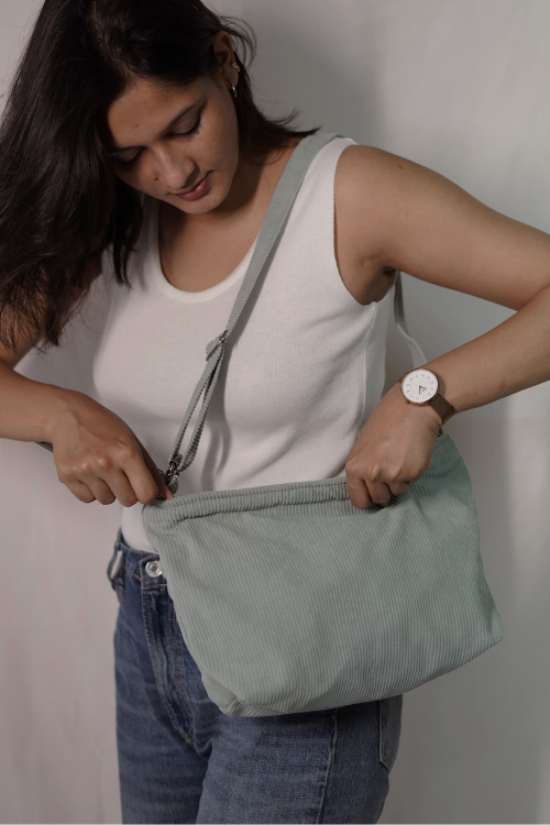 Ekatra Minimalist Corduroy Sling Bag -Sage