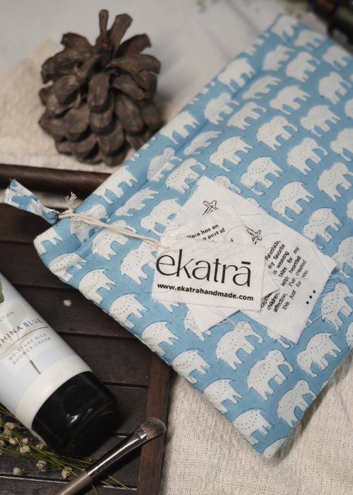 Ekatra Elephant Motif Cotton Travel Pouch/Organizer ( Set Of 2 )