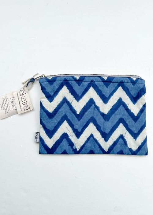Ekatra Indigo Chevron Cotton Travel Pouch/Organizer ( Set Of 2 )