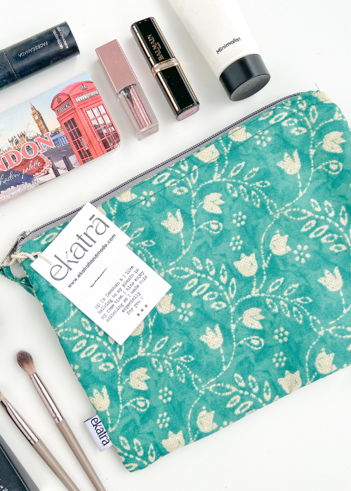 Ekatra Teal Floral Cotton Travel Pouch/Organizer ( Set Of 2 )
