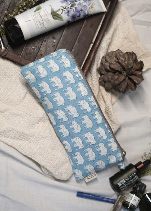 Ekatra Sustainable Cotton Travel Pouch/Organizer( Small Pouch ) - Elephant Motif ( Set Of 3 )