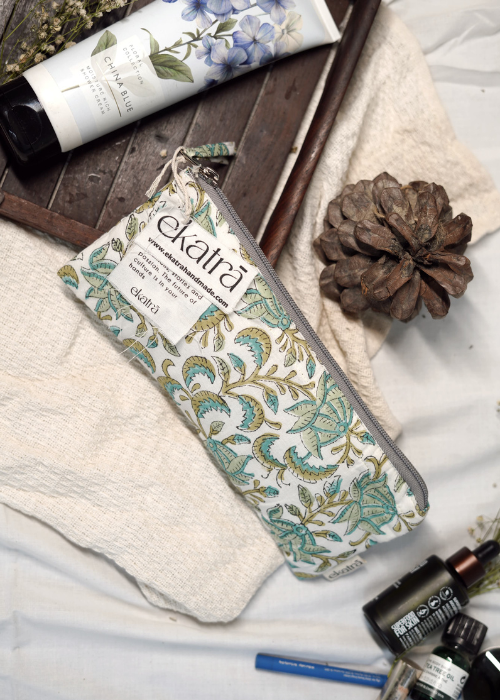 Ekatra Sustainable Cotton Travel Pouch/Organizer( Small Pouch ) - Green Floral ( Set Of 3 )