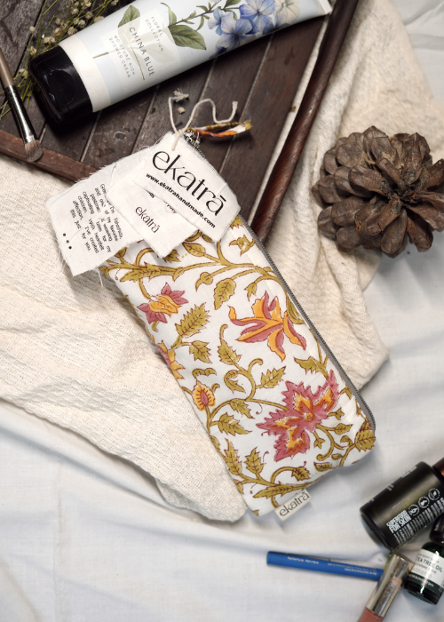 Ekatra Sustainable Cotton Travel Pouch/Organizer( Small Pouch ) - Pink Floral  (Set Of 3 )