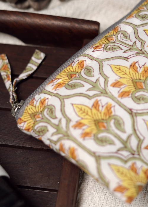 Ekatra Sustainable Cotton Travel Pouch/Organizer( Small Pouch ) - Yellow Floral ( Set Of 3 )