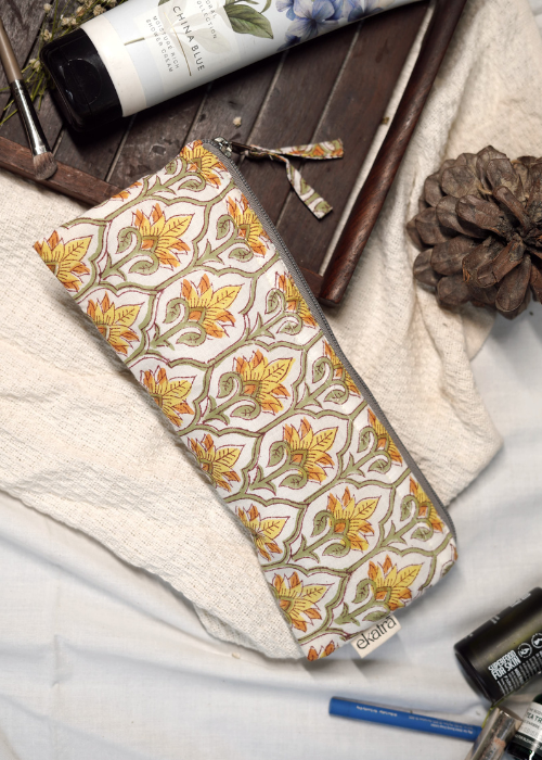 Ekatra Sustainable Cotton Travel Pouch/Organizer( Small Pouch ) - Yellow Floral ( Set Of 3 )