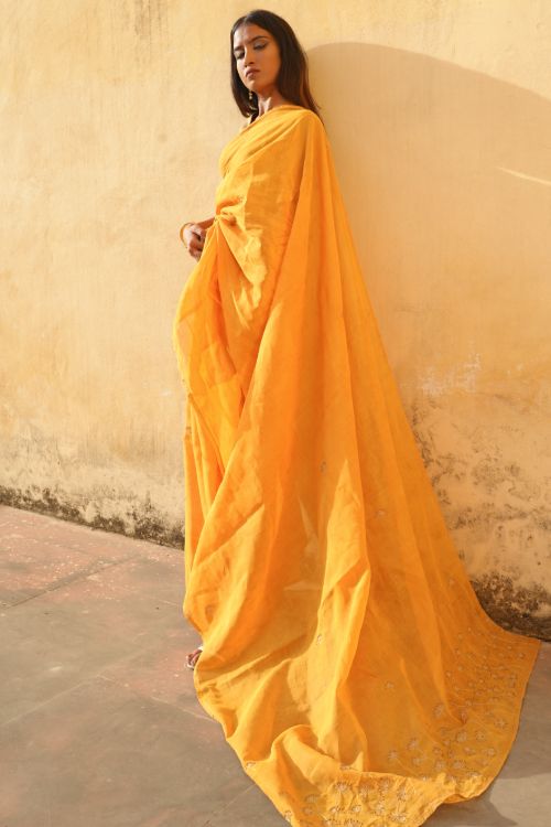 TICH Elegant, Fine, Soft Handwoven Mul & Zardozi Embroidered Saree - Yellow & Gold