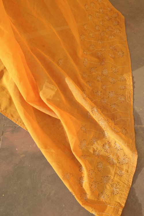 TICH Elegant, Fine, Soft Handwoven Mul & Zardozi Embroidered Saree - Yellow & Gold