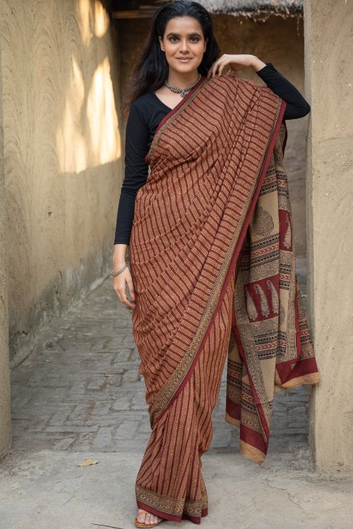 TICH Exclusive Bagh Hand Block Printed Cotton Saree - Mustard Vines