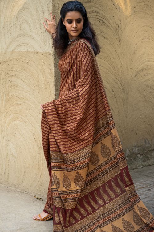 TICH Exclusive Bagh Hand Block Printed Cotton Saree - Mustard Vines