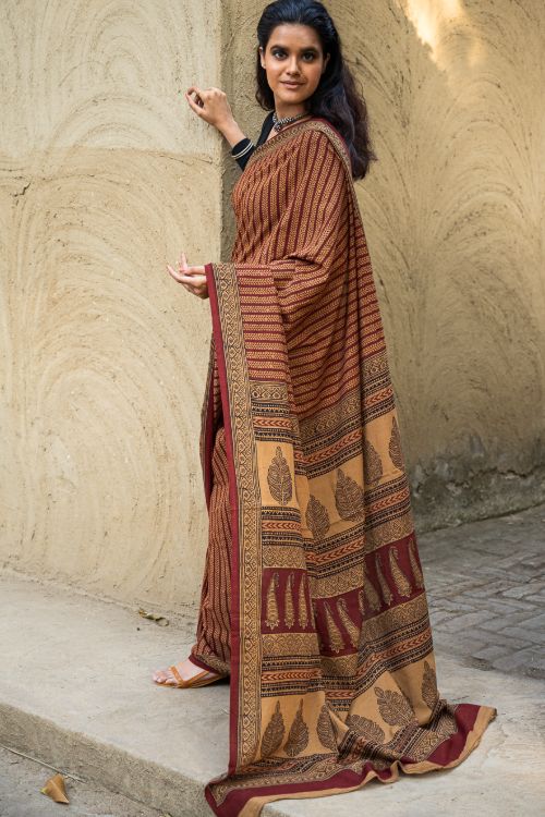TICH Exclusive Bagh Hand Block Printed Cotton Saree - Mustard Vines