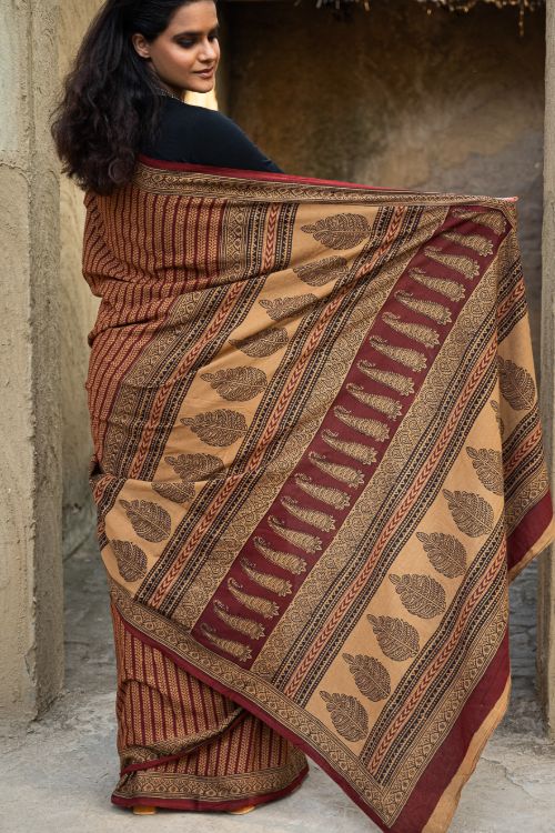 TICH Exclusive Bagh Hand Block Printed Cotton Saree - Mustard Vines