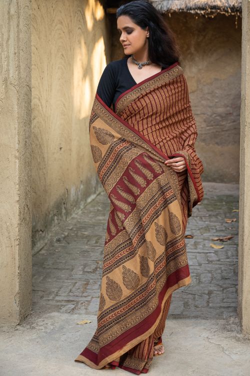 TICH Exclusive Bagh Hand Block Printed Cotton Saree - Mustard Vines