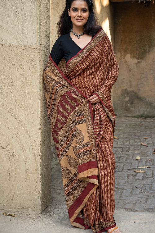 TICH Exclusive Bagh Hand Block Printed Cotton Saree - Mustard Vines