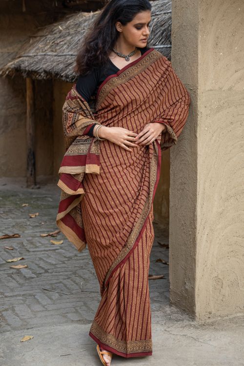 TICH Exclusive Bagh Hand Block Printed Cotton Saree - Mustard Vines