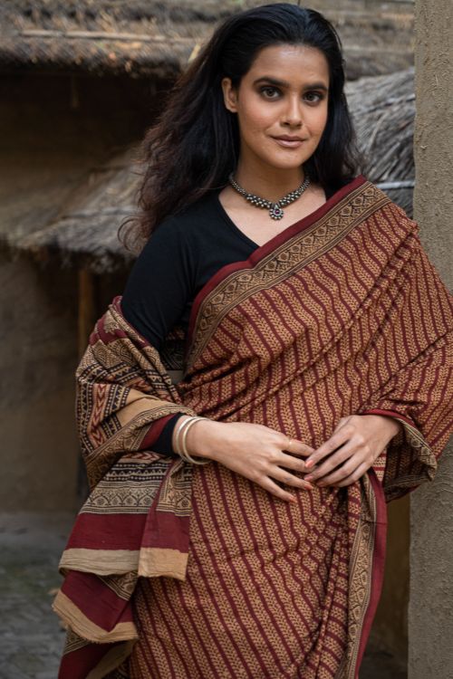 TICH Exclusive Bagh Hand Block Printed Cotton Saree - Mustard Vines