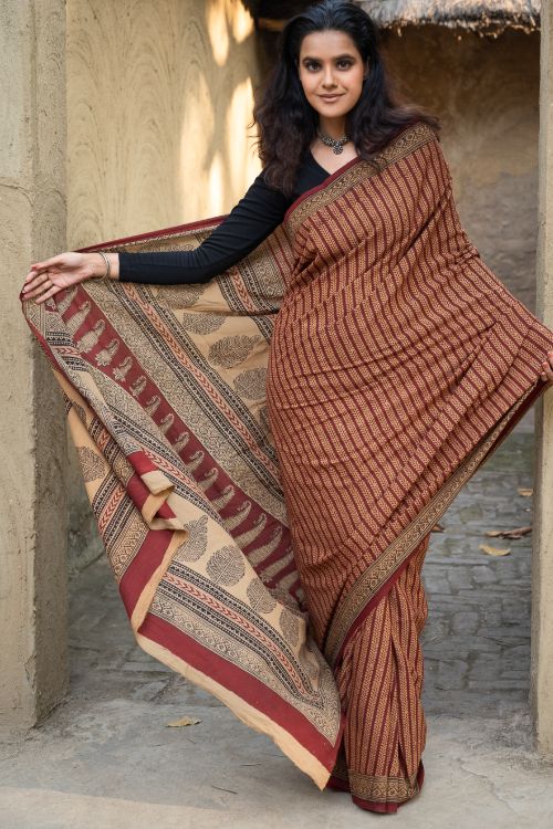 TICH Exclusive Bagh Hand Block Printed Cotton Saree - Mustard Vines