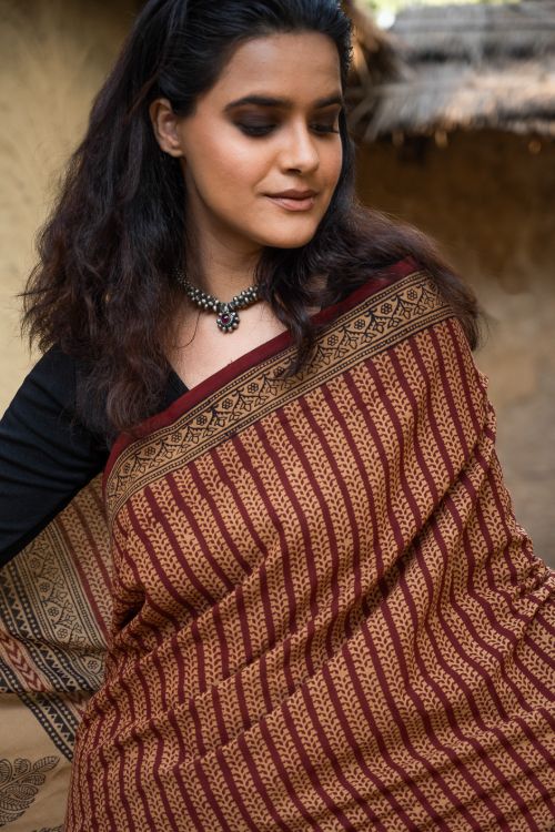 TICH Exclusive Bagh Hand Block Printed Cotton Saree - Mustard Vines