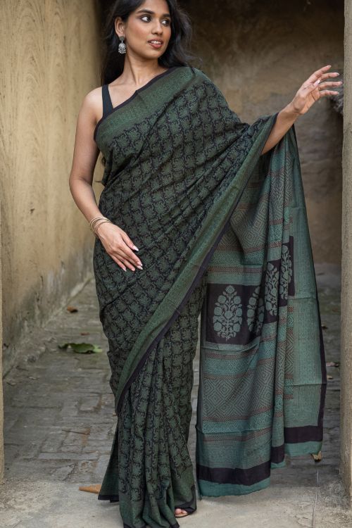 TICH Exclusive Bagh Hand Block Printed Cotton Saree - Ornate Floral