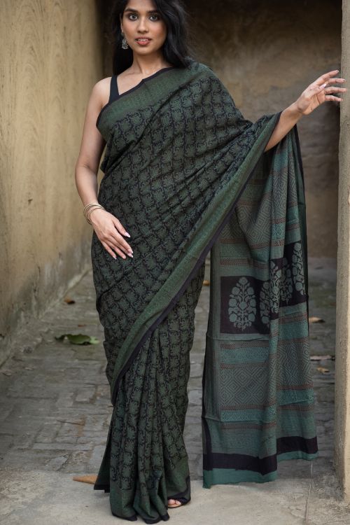 TICH Exclusive Bagh Hand Block Printed Cotton Saree - Ornate Floral