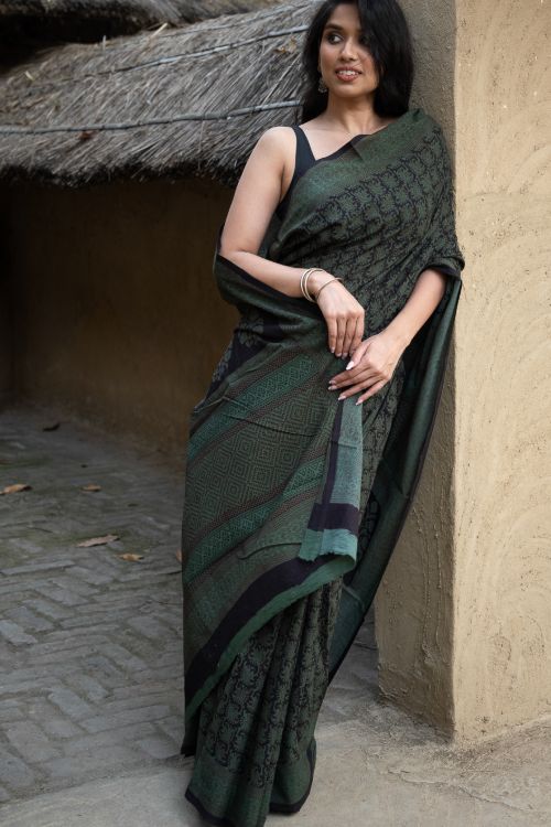 TICH Exclusive Bagh Hand Block Printed Cotton Saree - Ornate Floral