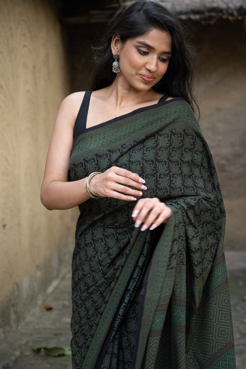TICH Exclusive Bagh Hand Block Printed Cotton Saree - Ornate Floral
