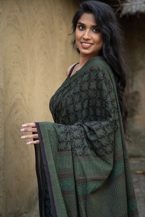 TICH Exclusive Bagh Hand Block Printed Cotton Saree - Ornate Floral