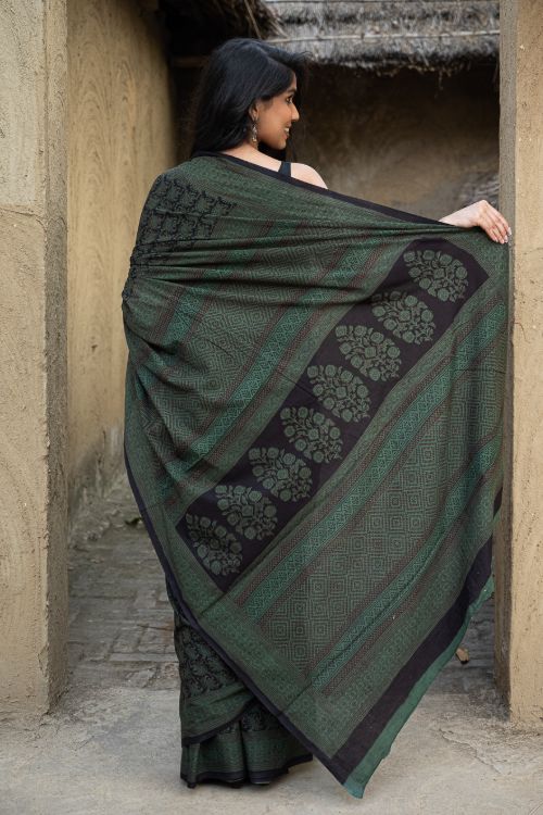 TICH Exclusive Bagh Hand Block Printed Cotton Saree - Ornate Floral