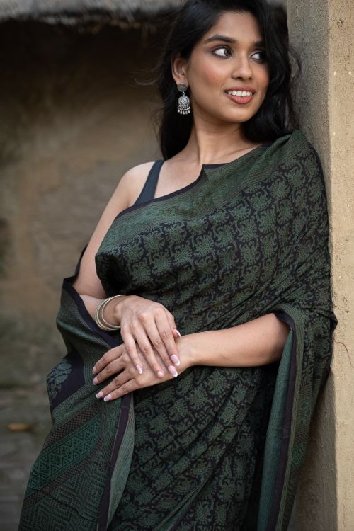 TICH Exclusive Bagh Hand Block Printed Cotton Saree - Ornate Floral