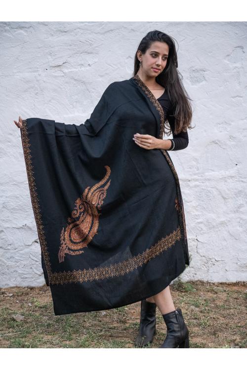 TICH Exclusive, Fine Hand Embroidered Kashmiri Shawl - Black Paisleys Okhaistore TICH Exclusive, Fine Hand Embroidered Kashmiri Shawl - Black Paisleys Okhaistore