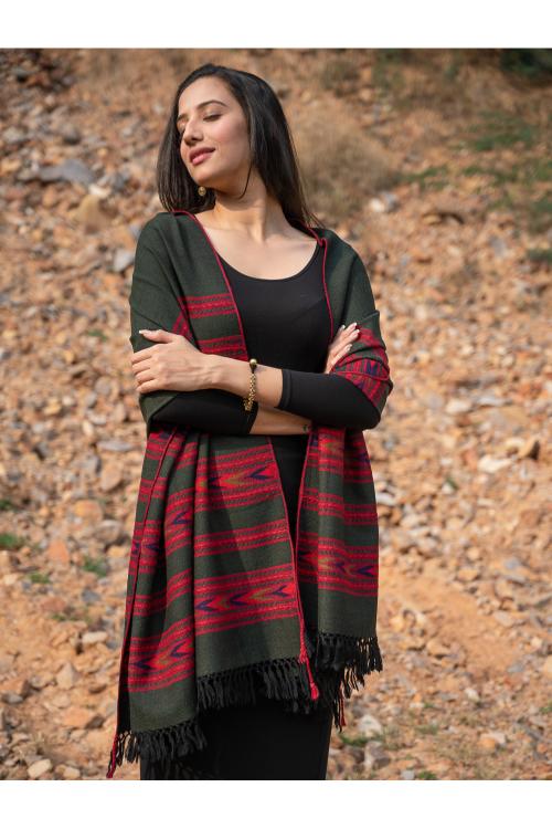 Exclusive, Soft Himachal Wool Stole - 6 Panels, Deep Olive
