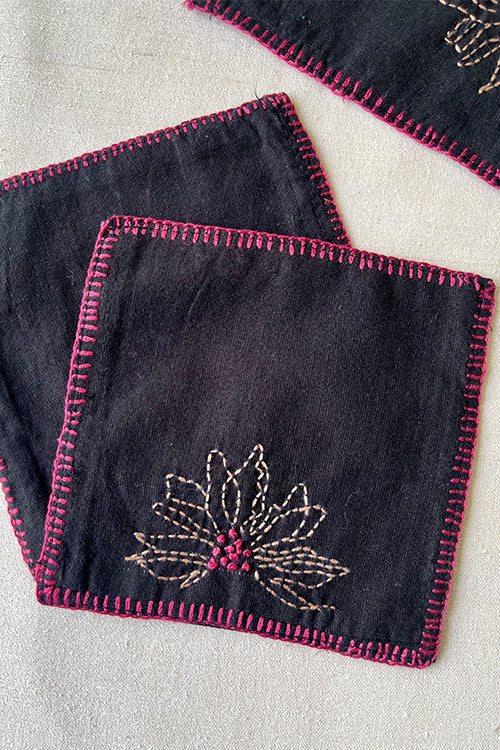 Okhai "Tea Whispers" Hand Embroidered Pure Cotton Set of 6 Glass Coasters