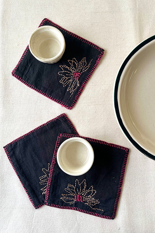 Okhai "Tea Whispers" Hand Embroidered Pure Cotton Set of 6 Glass Coasters