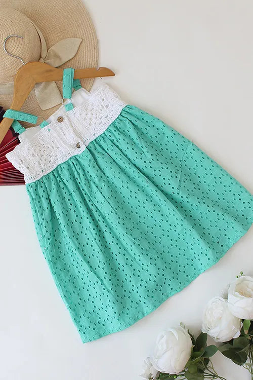 Ajoobaa "Crochet" Summer Schiffli Frock - Green