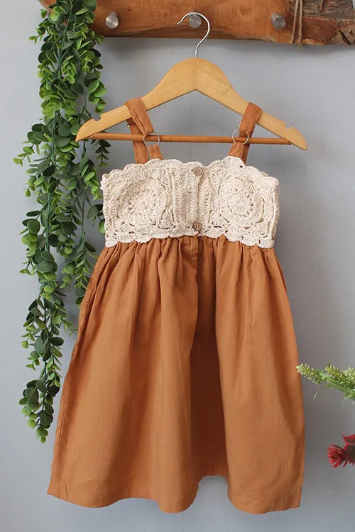 Ajoobaa Kid "Crochet Printed" Summer Dress - Brown