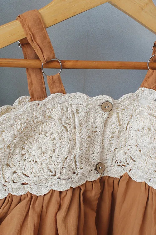Ajoobaa Kid "Crochet Printed" Summer Dress - Brown