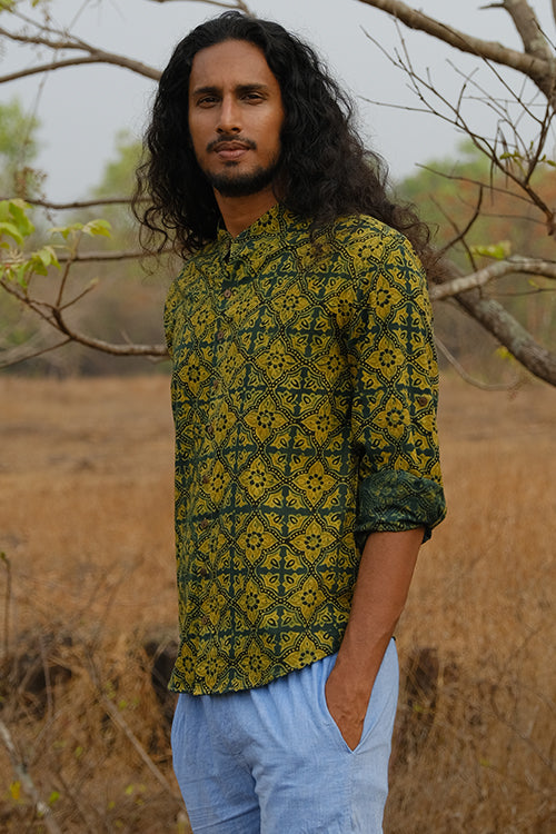 Okhai 'Grassland' Pure Cotton Ajrakh Hand Block Printed Full Sleeves Shirt