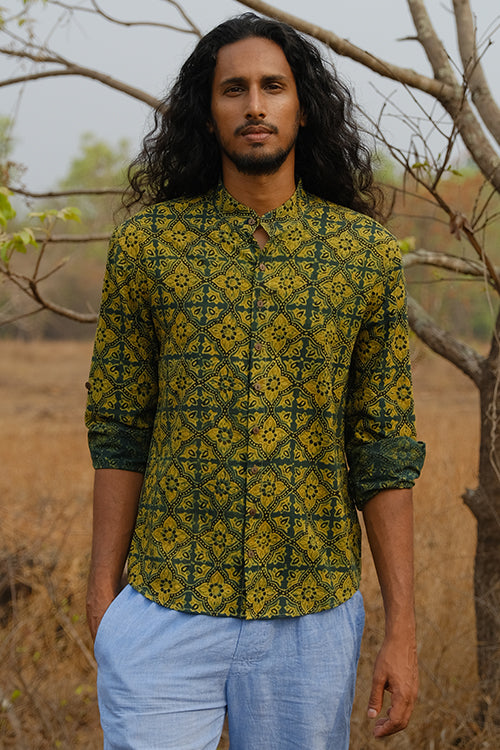 Okhai 'Grassland' Pure Cotton Ajrakh Hand Block Printed Full Sleeves Shirt