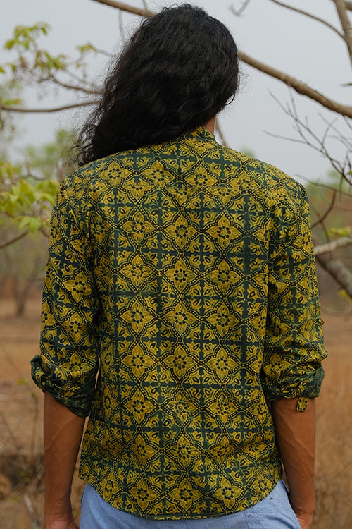 Okhai 'Grassland' Pure Cotton Ajrakh Hand Block Printed Full Sleeves Shirt