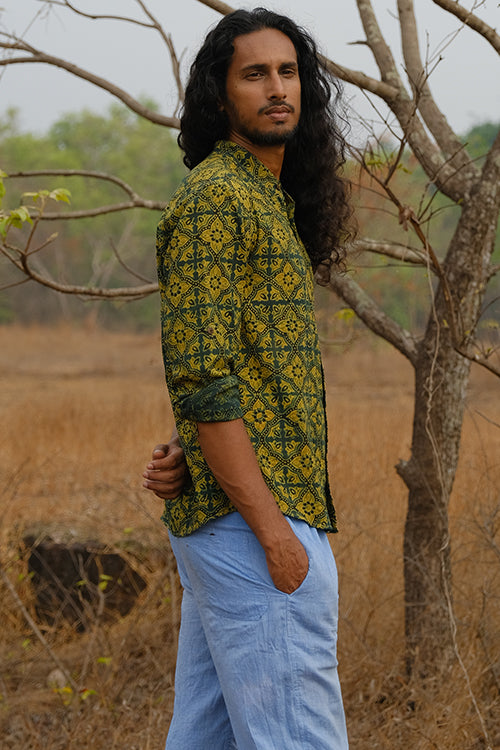 Okhai 'Grassland' Pure Cotton Ajrakh Hand Block Printed Full Sleeves Shirt