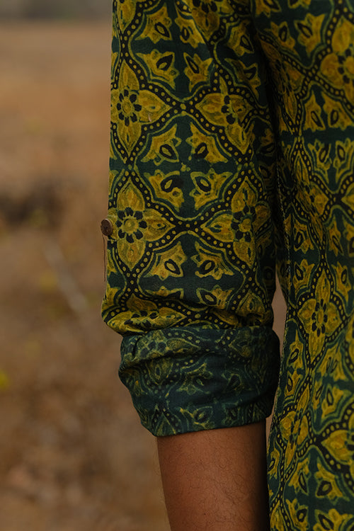 Okhai 'Grassland' Pure Cotton Ajrakh Hand Block Printed Full Sleeves Shirt