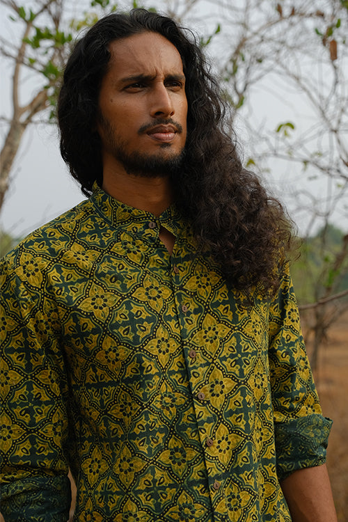 Okhai 'Grassland' Pure Cotton Ajrakh Hand Block Printed Full Sleeves Shirt