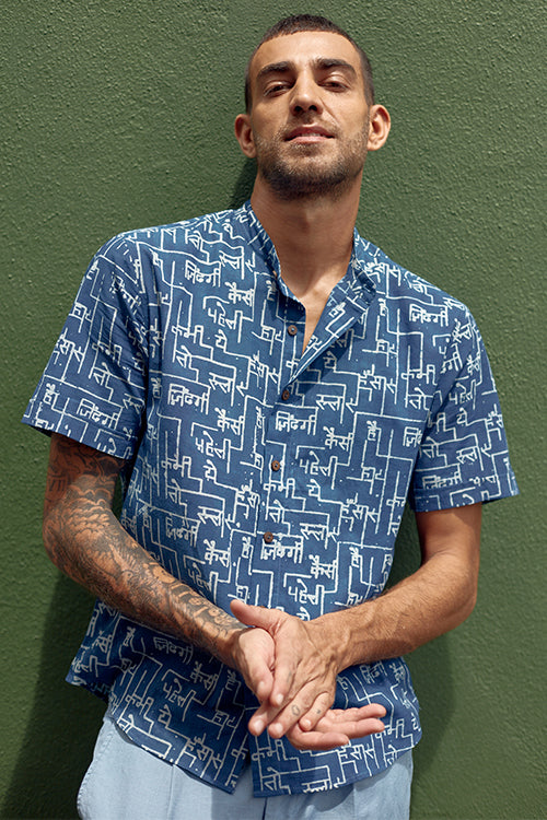 Okhai 'Blue Sienna' Pure Cotton Hand Block Printed Half Sleeves Shirt