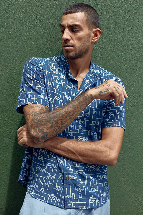 Okhai 'Blue Sienna' Pure Cotton Hand Block Printed Half Sleeves Shirt