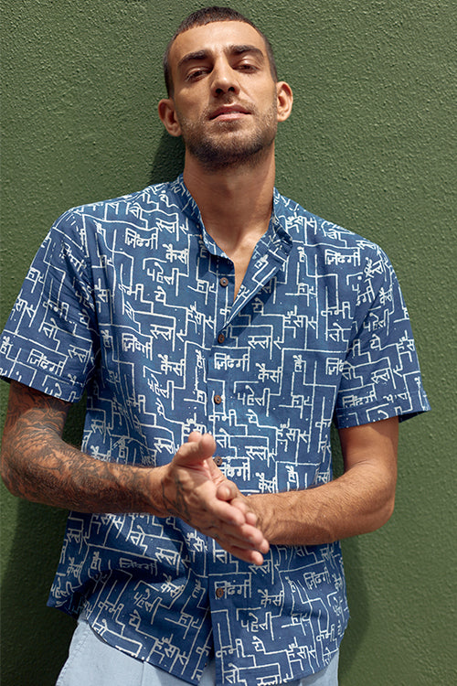 Okhai 'Blue Sienna' Pure Cotton Hand Block Printed Half Sleeves Shirt