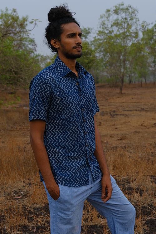 Okhai 'Ocean Lily' Pure Cotton Hand Block Printed Half Sleeves Shirt