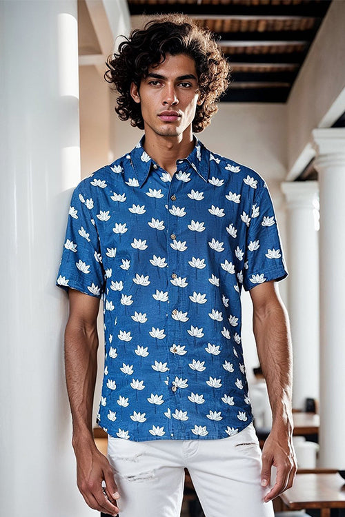 Okhai "Lotus Ripple" Handblock Printed Pure Cotton Half-Sleeved Shirt