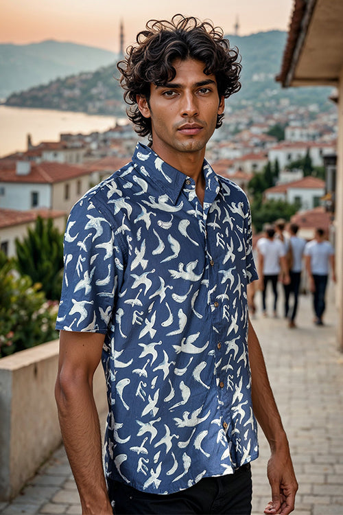 Okhai "Peace Flight" Handblock Printed Pure Cotton Half-Sleeved Shirt