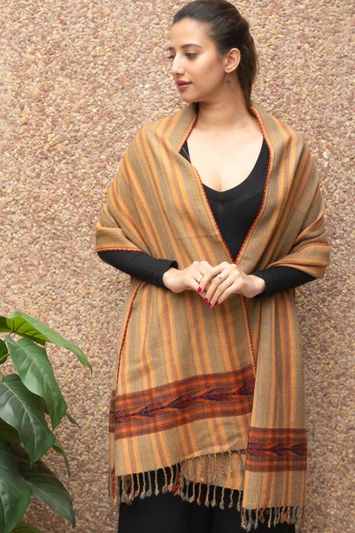 TICH Fine, Soft Himachal Wool Striped Stole - Pale Orange