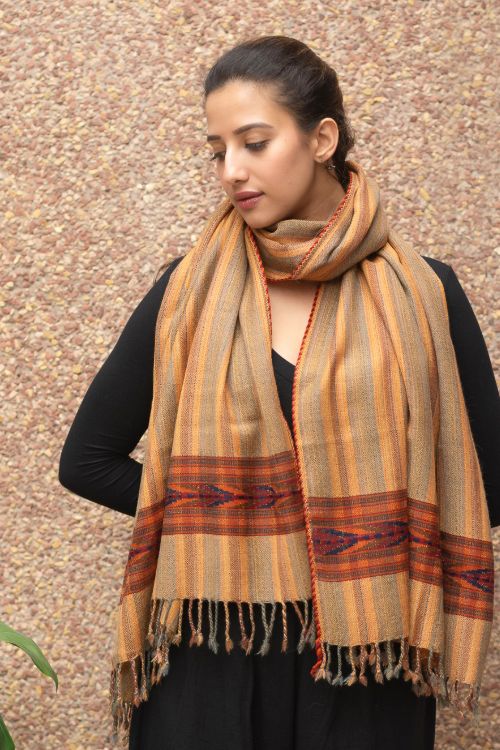 TICH Fine, Soft Himachal Wool Striped Stole - Pale Orange